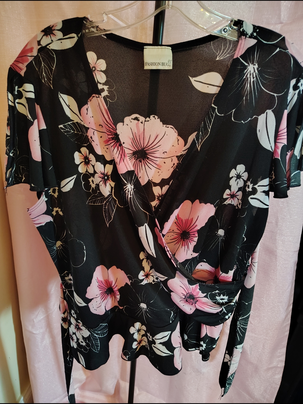 Fashion Bug Black Floral Wrap Top with Pink Blooms XL